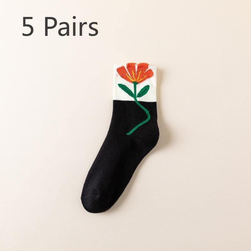 

5 пар модных хлопковых носков длиной до середины икры с маленькими ушками и цветами для женщин на осень и зиму 5 Pairs чёрный/красный