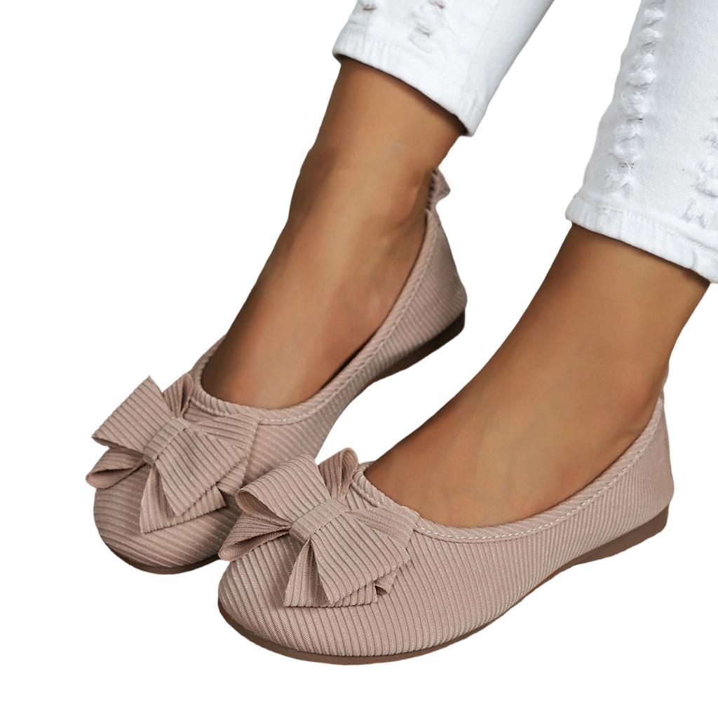 Women's Flat Ballet Shoes Slip On Round Toe Bow Accent Soft Fabric Upper Flexible Sole Comfortable Fit Casual Footwear