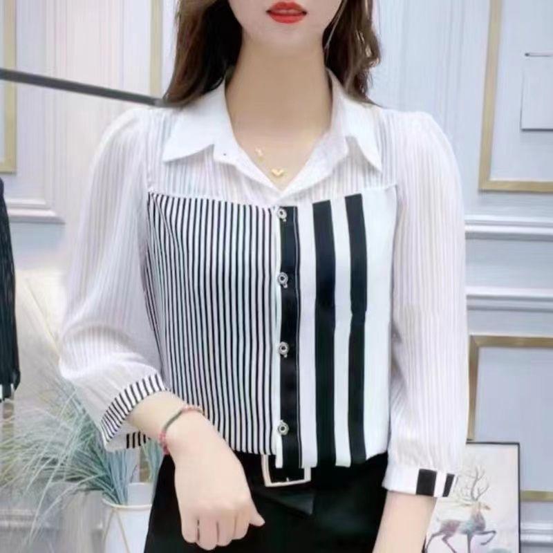 Gestreiftes 7/4-Arm-Top für Damen Frühling Sommer Neu Leichte Luxus Bluse Locker