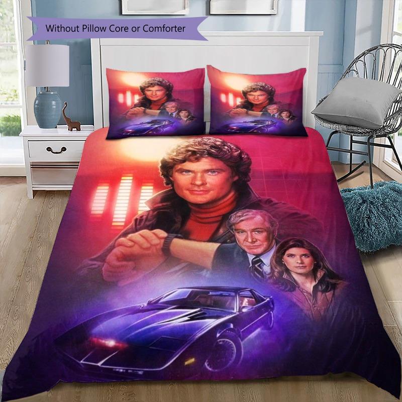 Knight Rider TV-Serie Besetzung & KITT Bedrucktes Bettwäsche-Set, Weiche Polyester-Bettbezug mit Kissenbezügen für Schlafzimmer, Ohne Bettdecke 135x200cm