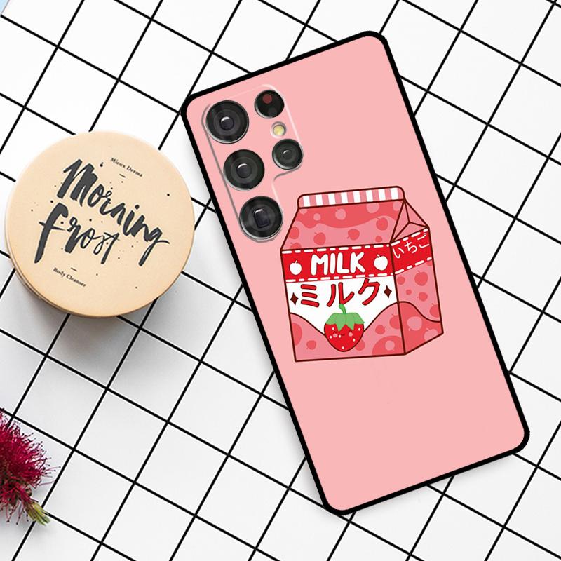 Cute Strawberry Milk Box Case For Samsung Galaxy S25 Ultra S23 S22 S21 S20 S24 Ultra S9 S10 Plus S25 FE Phone Cover