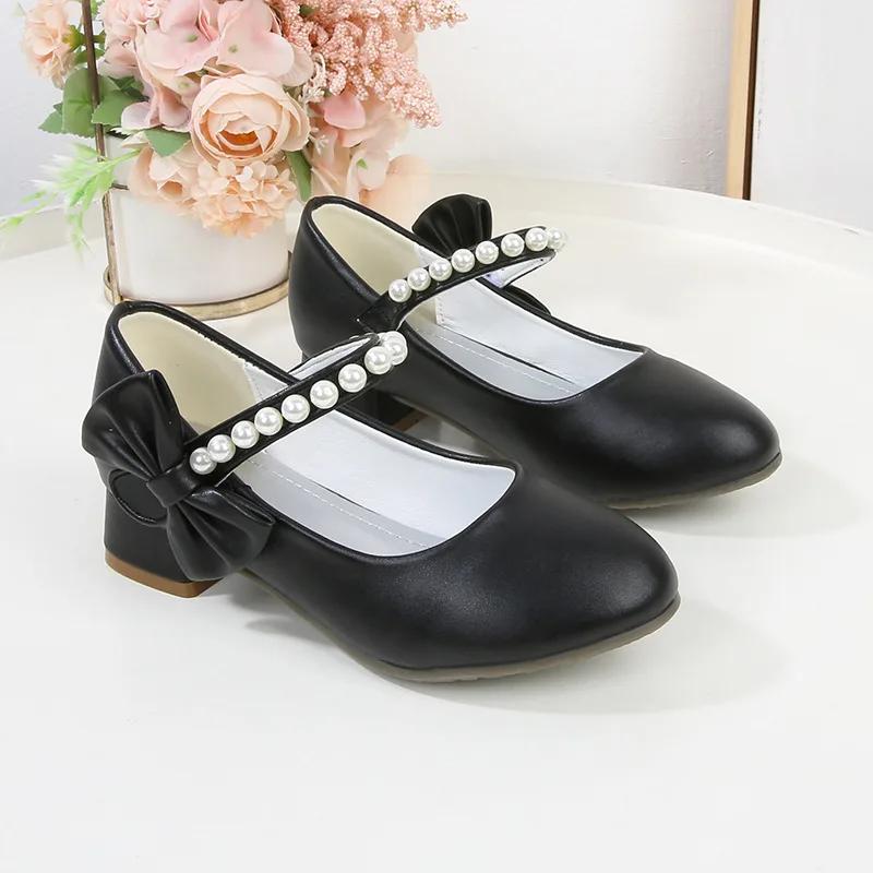Children's Leather Shoes Elegant Girl Princess Shoes with Bowknot Fashion Chic Versatile Kids Party High-heels Shoes Black White