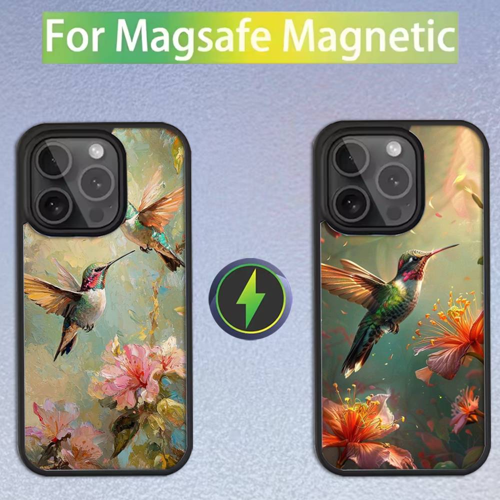 Hummingbird and Flowers Phone Case For iPhone 17,16,15,14,13,12,11,Pro,Max,Plus,Mini,SE Magsafe Magnetic Wireless Charging