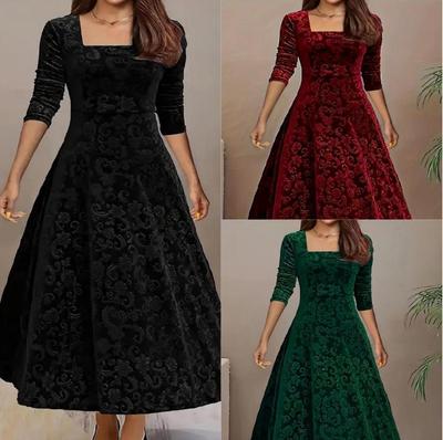 Elegant Plus Size Gold Velvet Dress: European & American Style, Solid Color, Jacquard Long Sleeve, Square Neck, Loose Fit