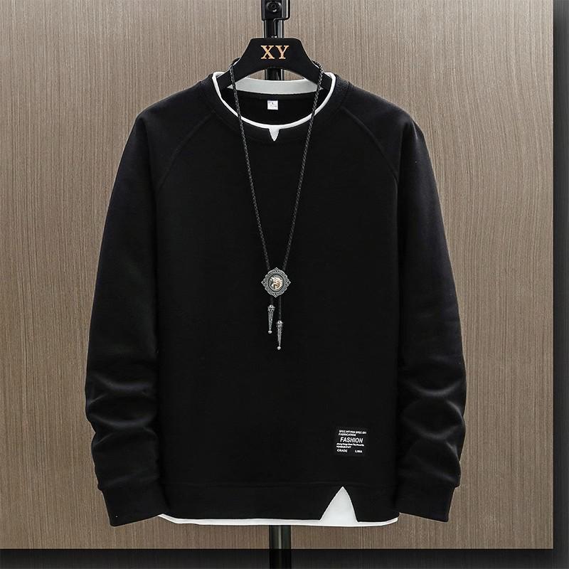 Trendy Men's Solid Color Round Neck Sweatshirt: Stylish, Comfortable, Loose Fit, and Fake Two-Piece Design for Autumn/Winter.