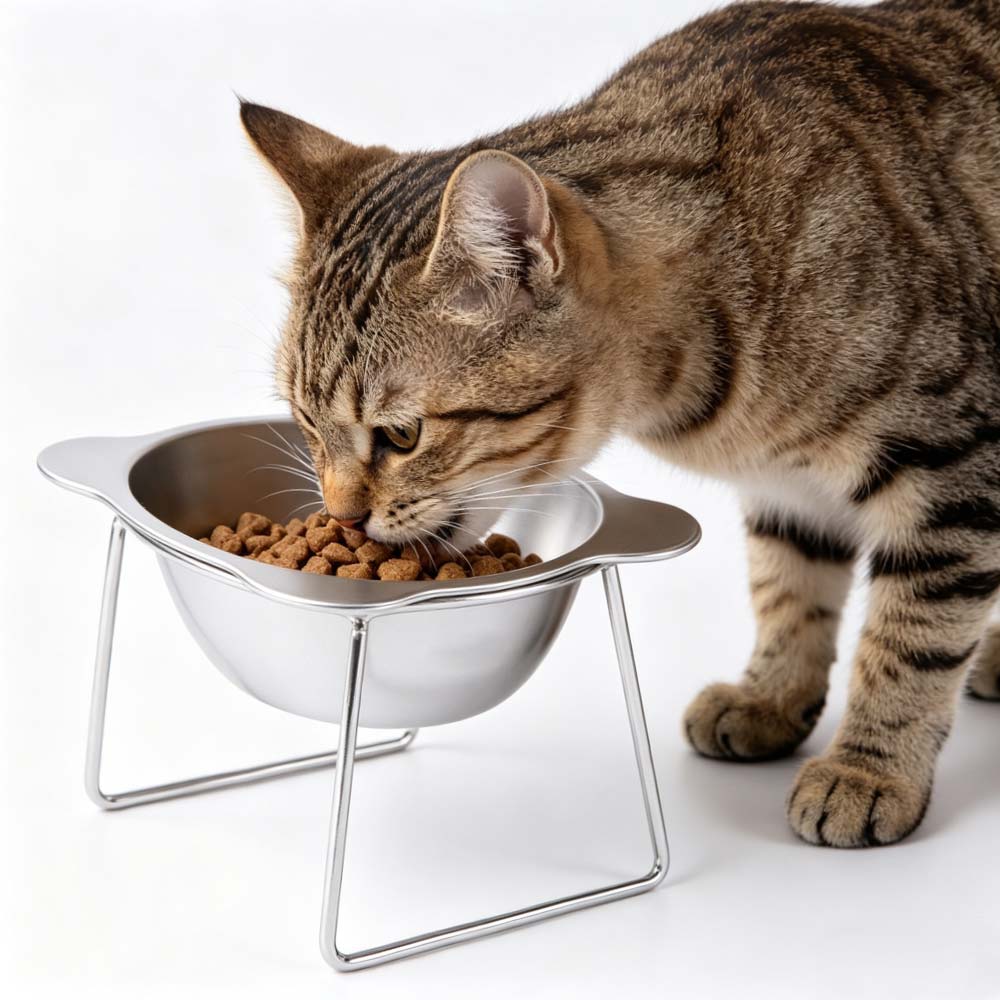 Fall-Resistant Stainless Steel Cat Bowl Cervical Protection with Stand Elevated Cat Food Bowl Anti overturning 15°Tilted Angle