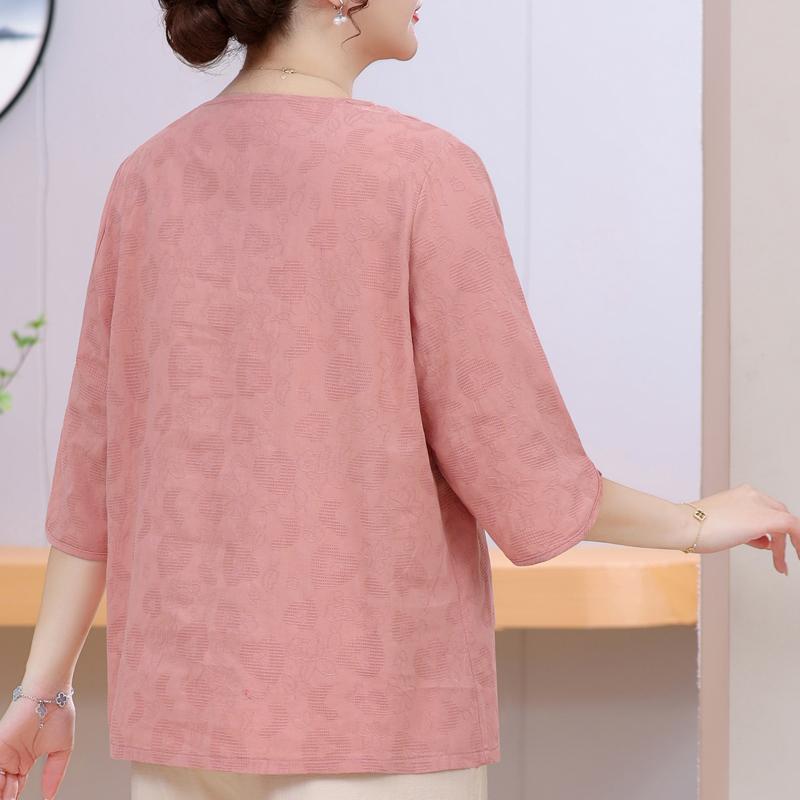 Women's Plus Size Chinese Embroidery Top – 3/4 Sleeve Round Neck Textured Blouse (Sizes 3XL-8XL) for Middle-Aged Ladies