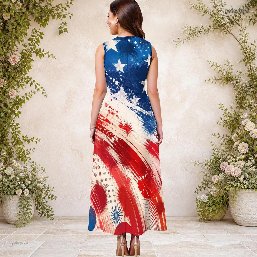 Women Plus Size Sleeveless Keyhole Neck Printed Navy Blue A Line Long Dress