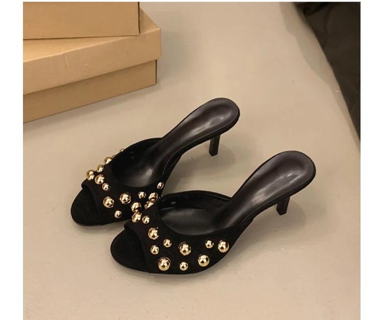 Mules con Tacco Alto e Punta Aperta Decorate con Borchie Dorate Sandali Estivi Donna Classici Sexy per Abito Festa Quotidiano Pantofole Singole