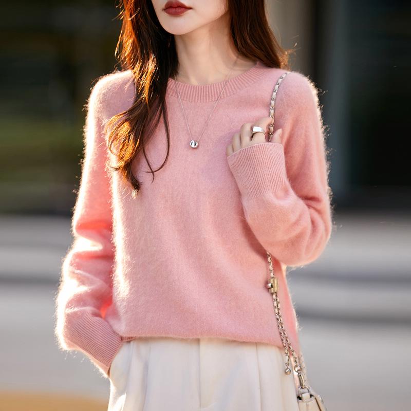 Women's Seamless Cashmere Wool Blend Crew Neck Sweater - Brushed Knit One-Piece Base Layer for Fall/Winter