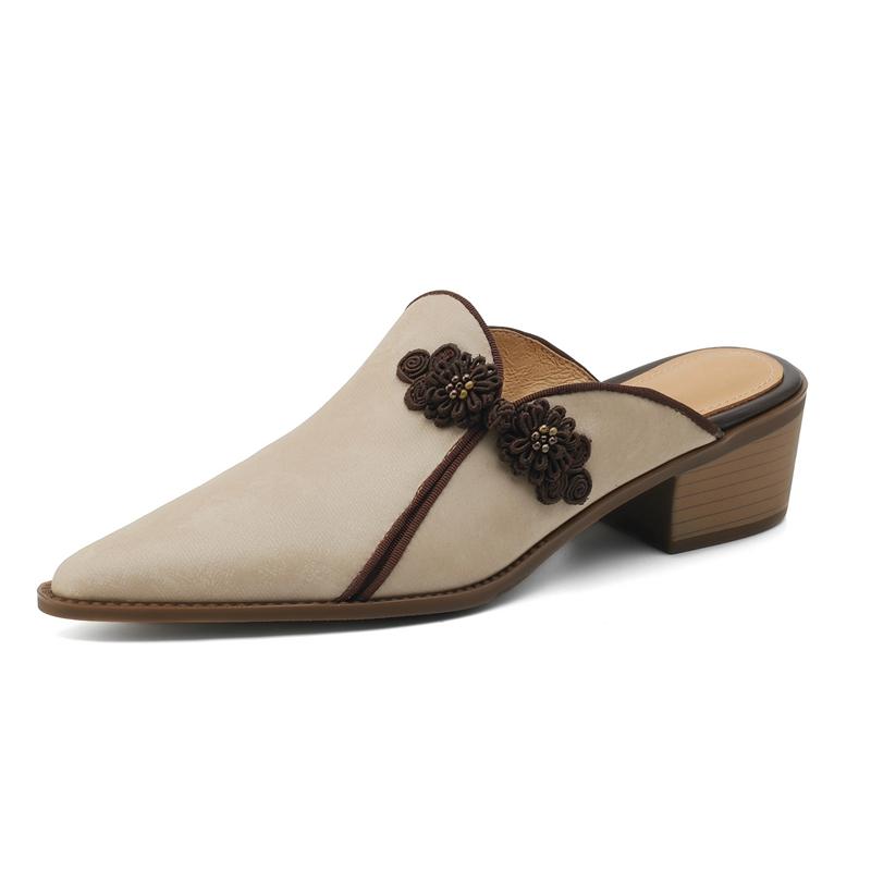 Fashion Women's New Spring/Summer Pointed Silk Cowhide Leather Embroidered Middle Heel Large Headed Muller Slippers