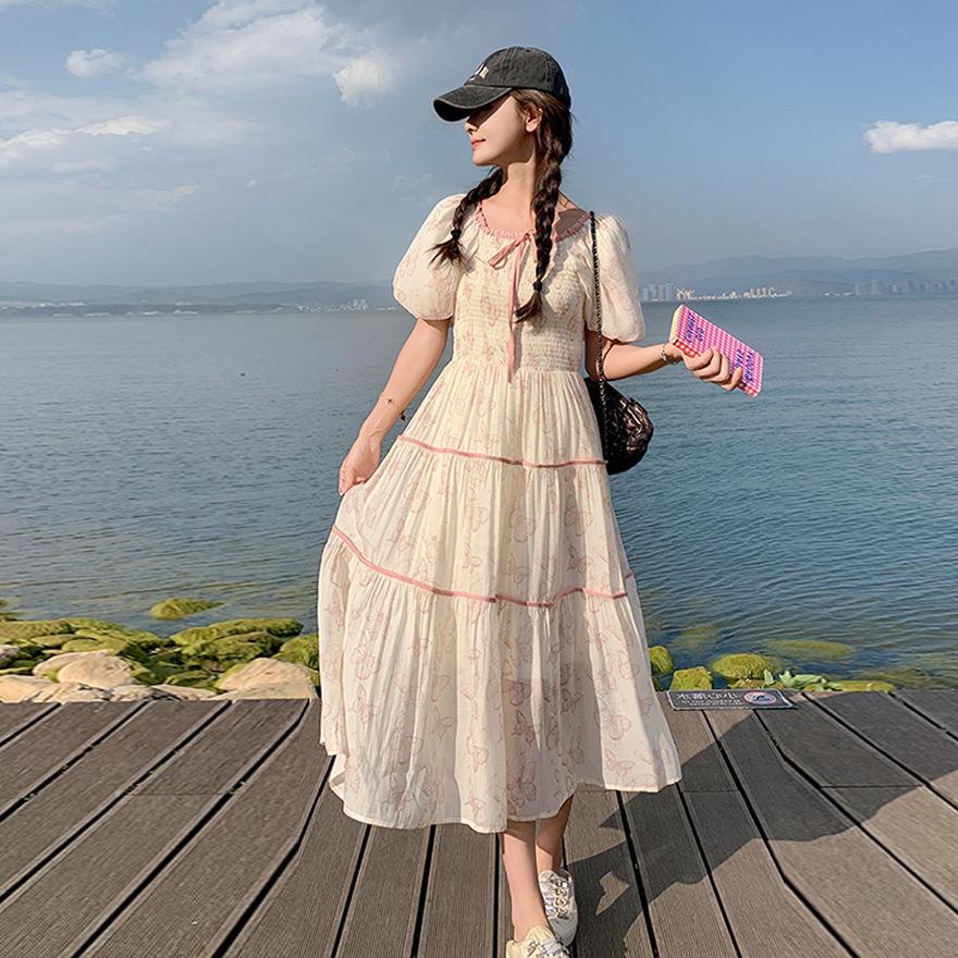 Bubble Sleeve Dress Women's Summer New Waist Thin Sweet Long Skirt