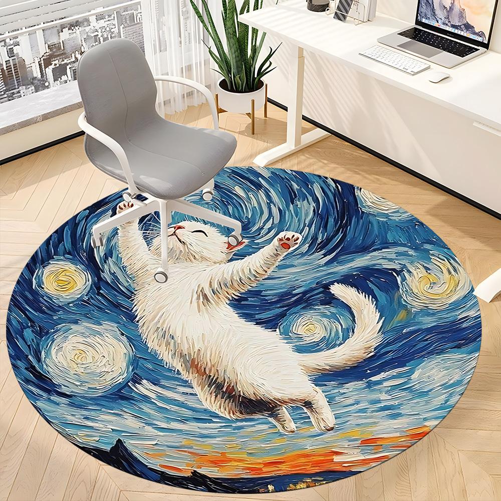 1pc Cat Night Sky Office Round Area Rug, Under Office Chairs Bedroom Living Room Home Decor, Room Deco, Available in Various Sizes