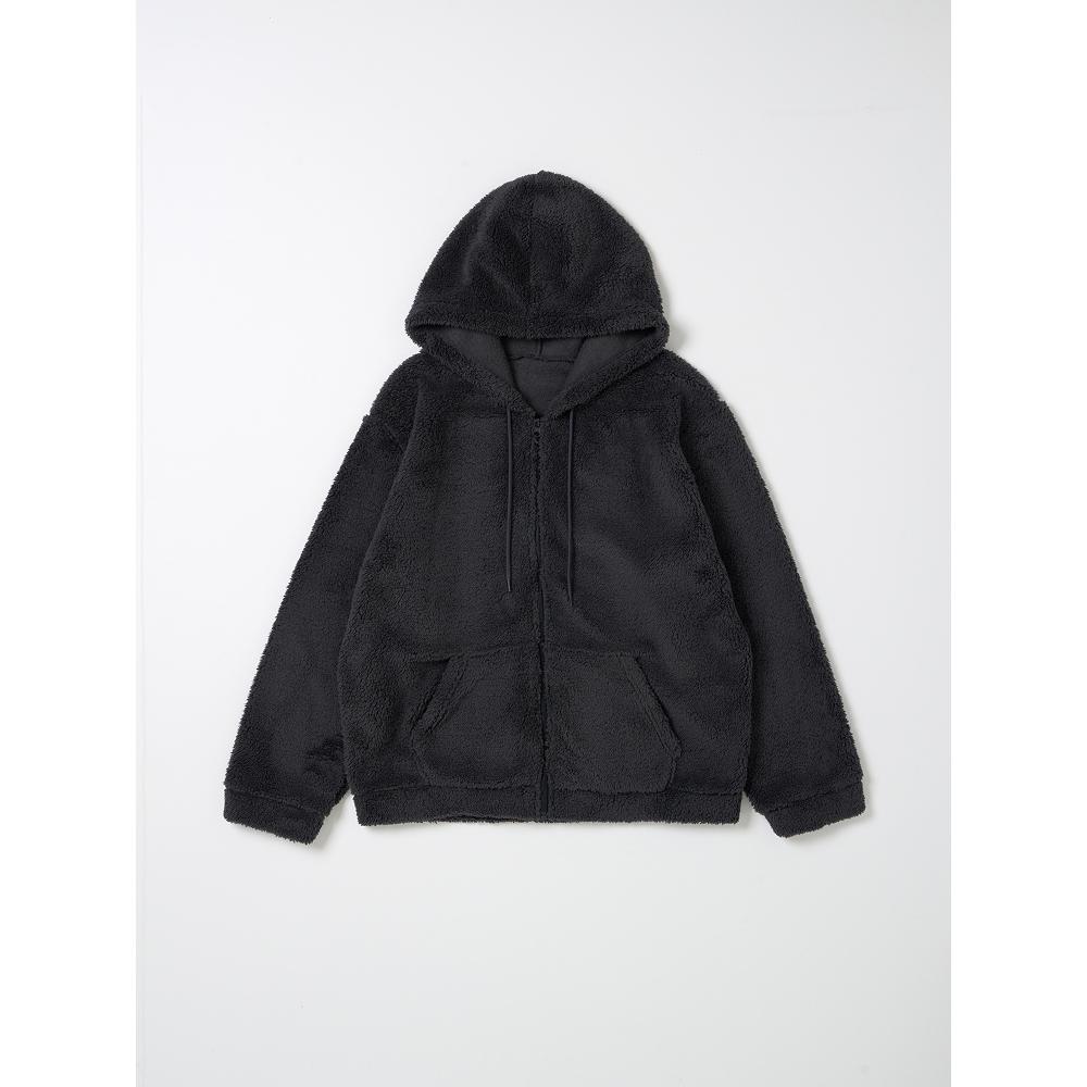 Daiso [common] FLuffy Long SLeeve FLeece Hoodie Zip Up L bLack Gray