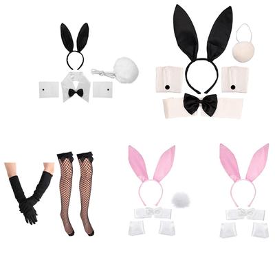 Women Animal Bunny Ears Haiband Collar Bowtie Cuffs Plush Rabbit Tail Gloves Mesh Stockings Sexy Cosplay Costume