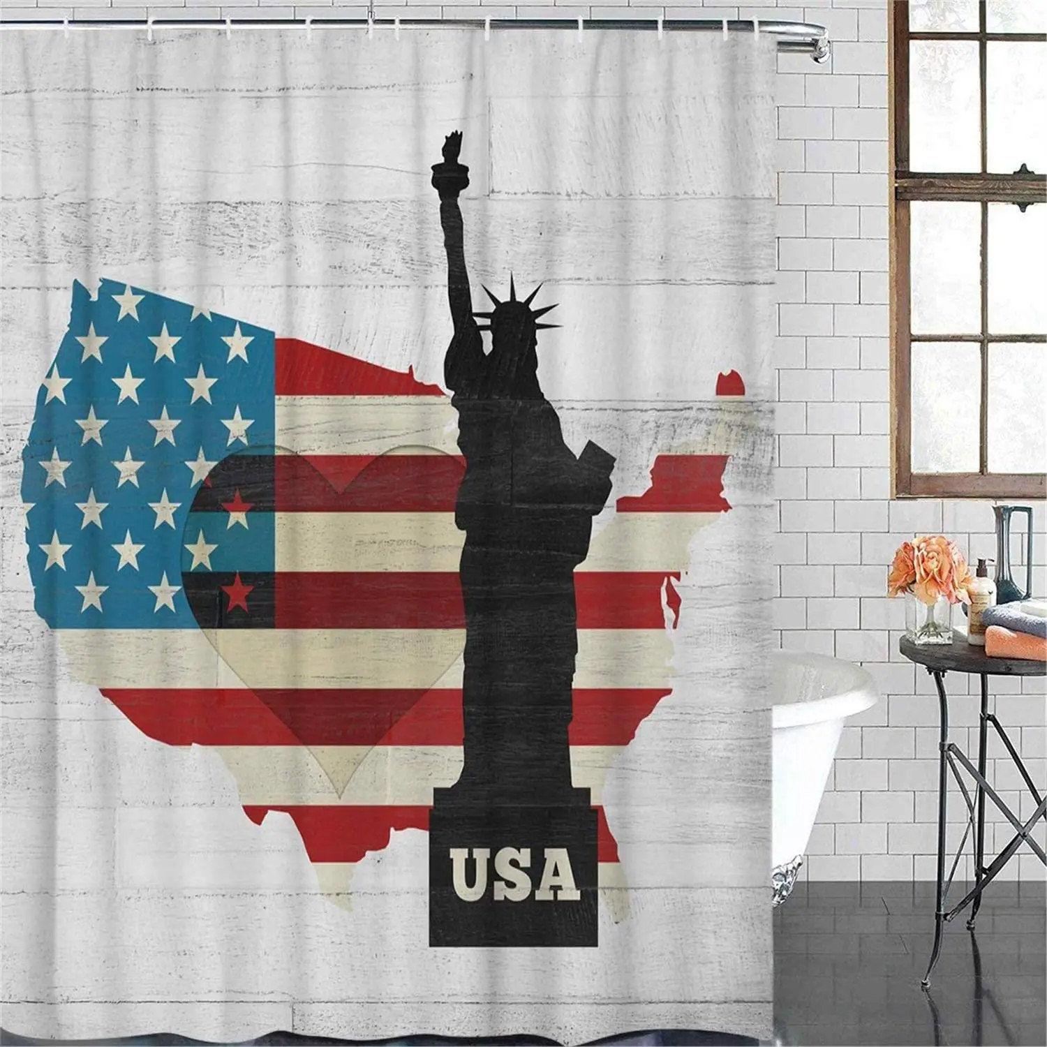 

New York Shower Curtain Liberty in NYC Harbour Urban City Famous Cultural Landmark Picture Waterproof Fabric Bathroom Curtain Set Set W90xH180cm