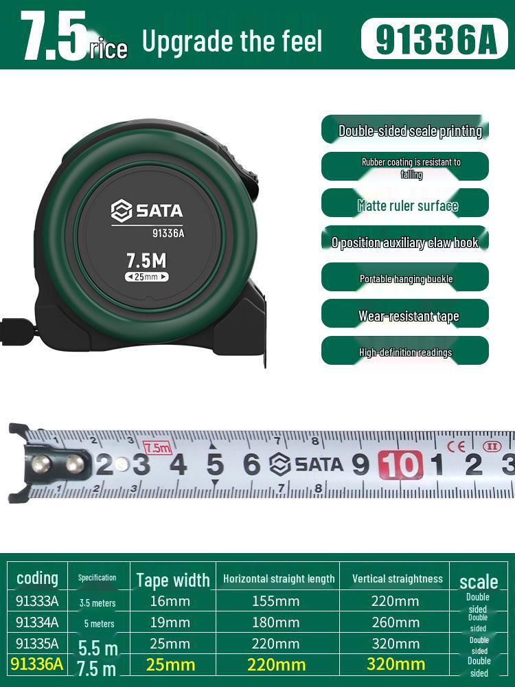 SATA 5-Meter Precision Steel Tape Measure with Durable Case, Available in 2/3/7.5/10 Meters.