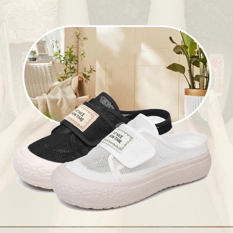 New summer women's lace mesh cloth shoes soft sole half drag Velcro lazy shoes casual fashion versatile student shoes