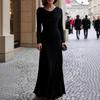 Damen Maxikleid mit langen Ärmeln und Schalkragen für formelle Abendbankette & Party-Garderobe