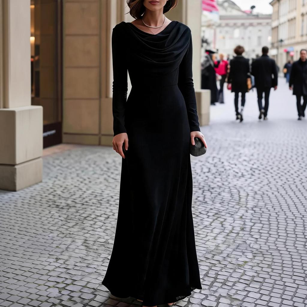 Damen Maxikleid mit langen Ärmeln und Schalkragen für formelle Abendbankette & Party-Garderobe