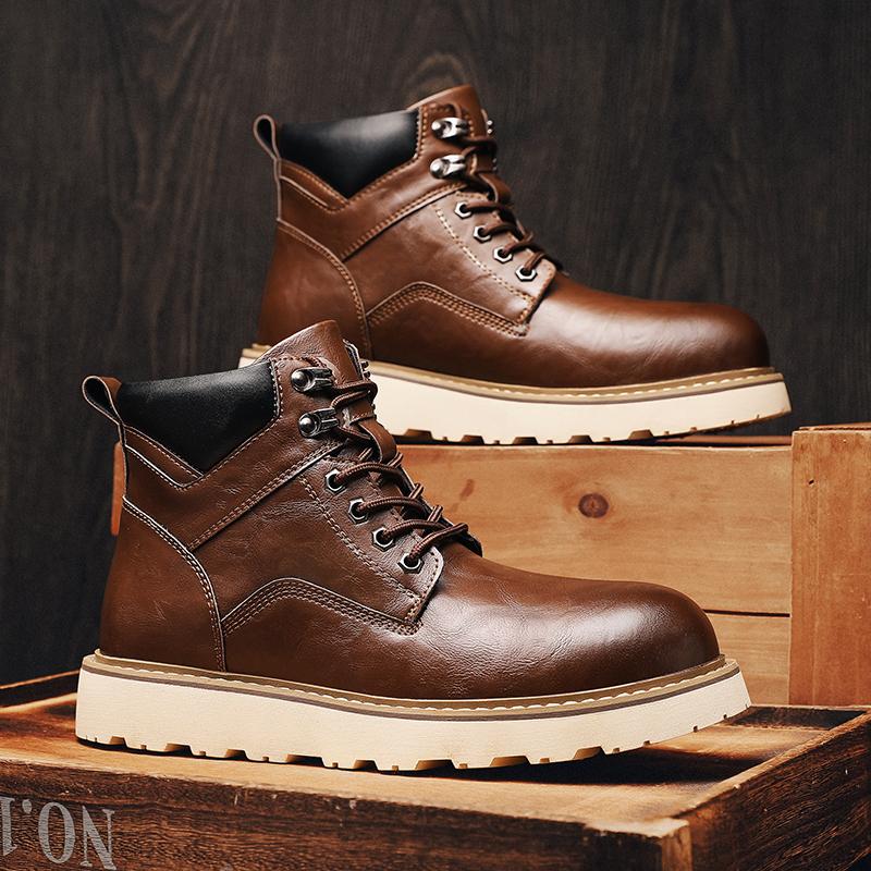 Herbst Winter Warme Plüschfell Winterschuhe Neue Schnürung Herren Freizeit Leder Motorradstiefel Dicke Sohle Rutschfest Männliche Knöchel-Botas