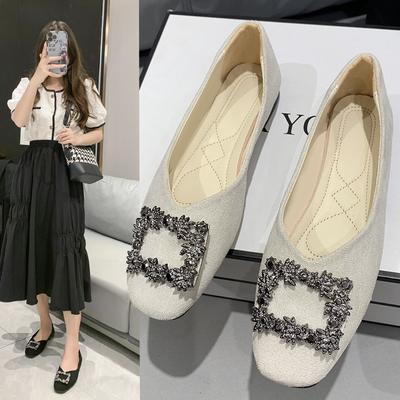 Rhinestone Shoes Spring and Autumn Square Head Shallow Mouth Flat Bottom Comfortable Single Shoes Women