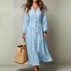 Women's Long Sleeve Stand Collar Maxi Dress with Single-Breasted Waist-Cinching Flared Hem for Vacation