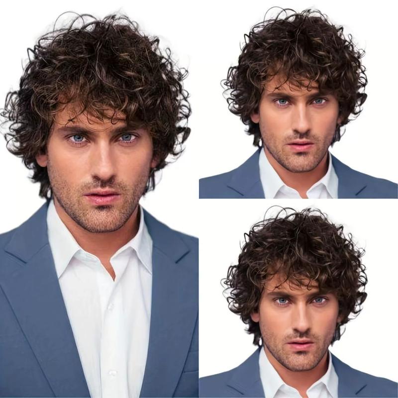 Parrucca Corta Riccia Marrone Scuro in Fibra Sintetica da Uomo, Estensioni Capelli Fresche, Copricapo Traspirante, Stile Naturale Folto per Capelli da Uomo
