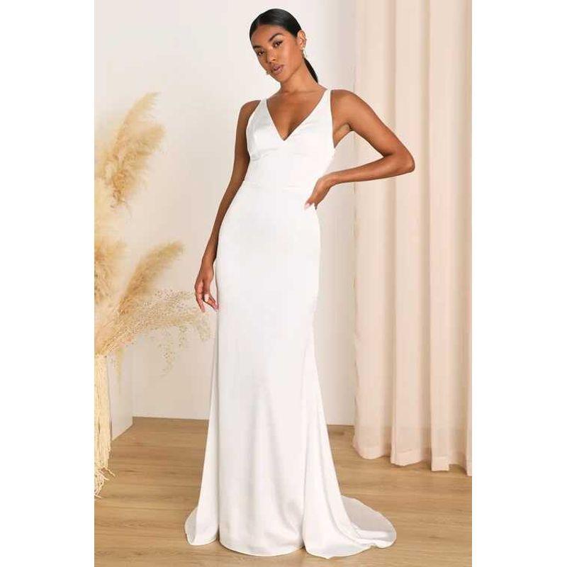 

Export Single Lu Home Smooth Fabric Elegant Elegance Beautiful Fashion V Neck Light Wedding Dress Slim Looking Special Dress Women White XL