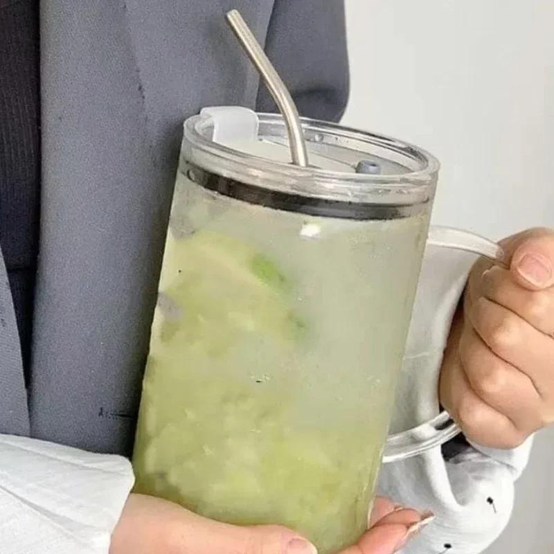 1L Drinking Glass Tumbler With Lid And Straw Glass Coffee Cup Transparent Cup Juice Mocha Cups Glass Mug Milk Juice Cup