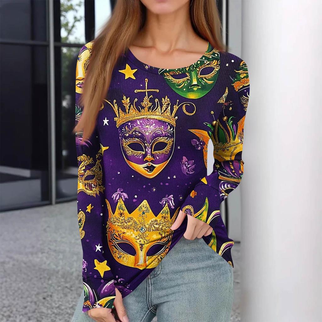 Damski Zimowy Wąski T-shirt Spodnia Moda Casual Nadruk Okrągły Dekolt Pulower Długi Rękaw Top