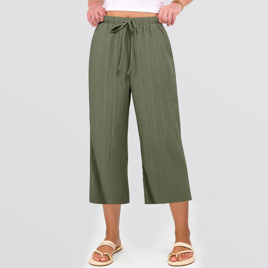 Women Drawstring Waist Wide Leg Pants Loose Fit Cropped Trousers Lightweight Elastic Waistband Casual Style