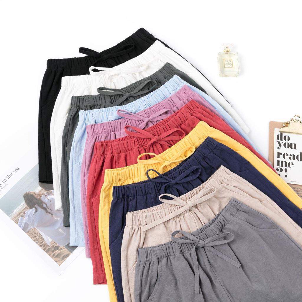 Women's Summer Cotton Linen Trousers Solid Color Elastic Waist Wide-leg Short Pants