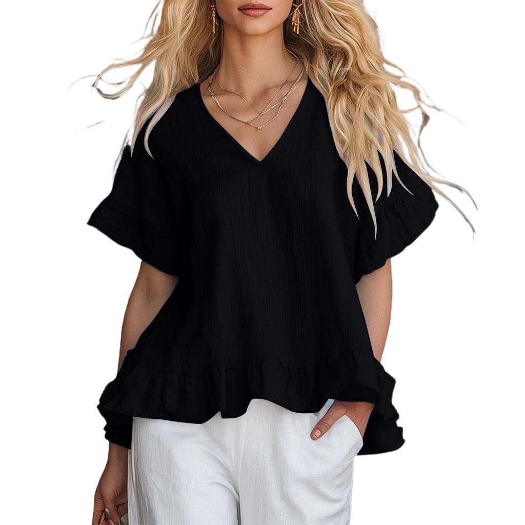 Women's Ruffled V-Neck Shirt Fashionable Casual Short-Sleeved Top