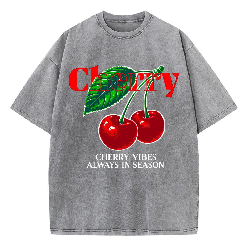 Casual Womens Acid Wash T-Shirts Cherry Vibes Always In Season Prints Tees Distressed Oversize Cotton Short Sleeve Clothes