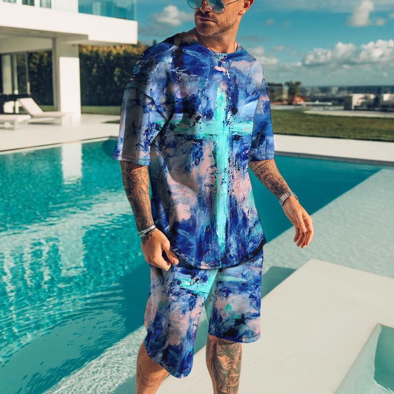 

Men Tracksuit Casual Short Sleeve 3D Print Shirt Outfit O Neck Sportswear Streetwear T-shirt Set Men s Oversized Clothing Summer XL