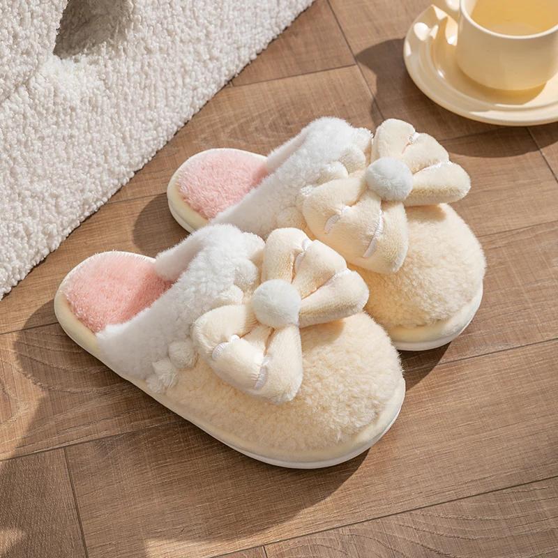 Fashion Casual Fluffy Slippers Women House Flats Fashion Winter Bowknot Designer Shoes Girls Home Plush Platform Elegant Footwear Warm