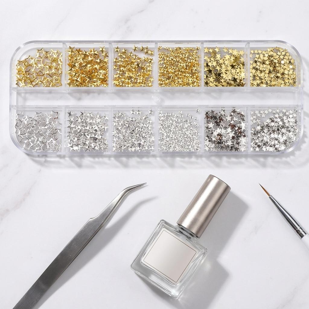 12-Grid Mixed Size Gold Silver Metal Star Nail Decorations Alloy Plating Craftsmanship For Manicure DIY