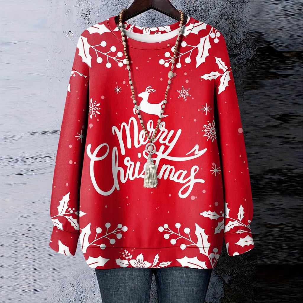 Ladies' Christmas Printed Round Neck Long Sleeved T-shirt Sweatshirt Top