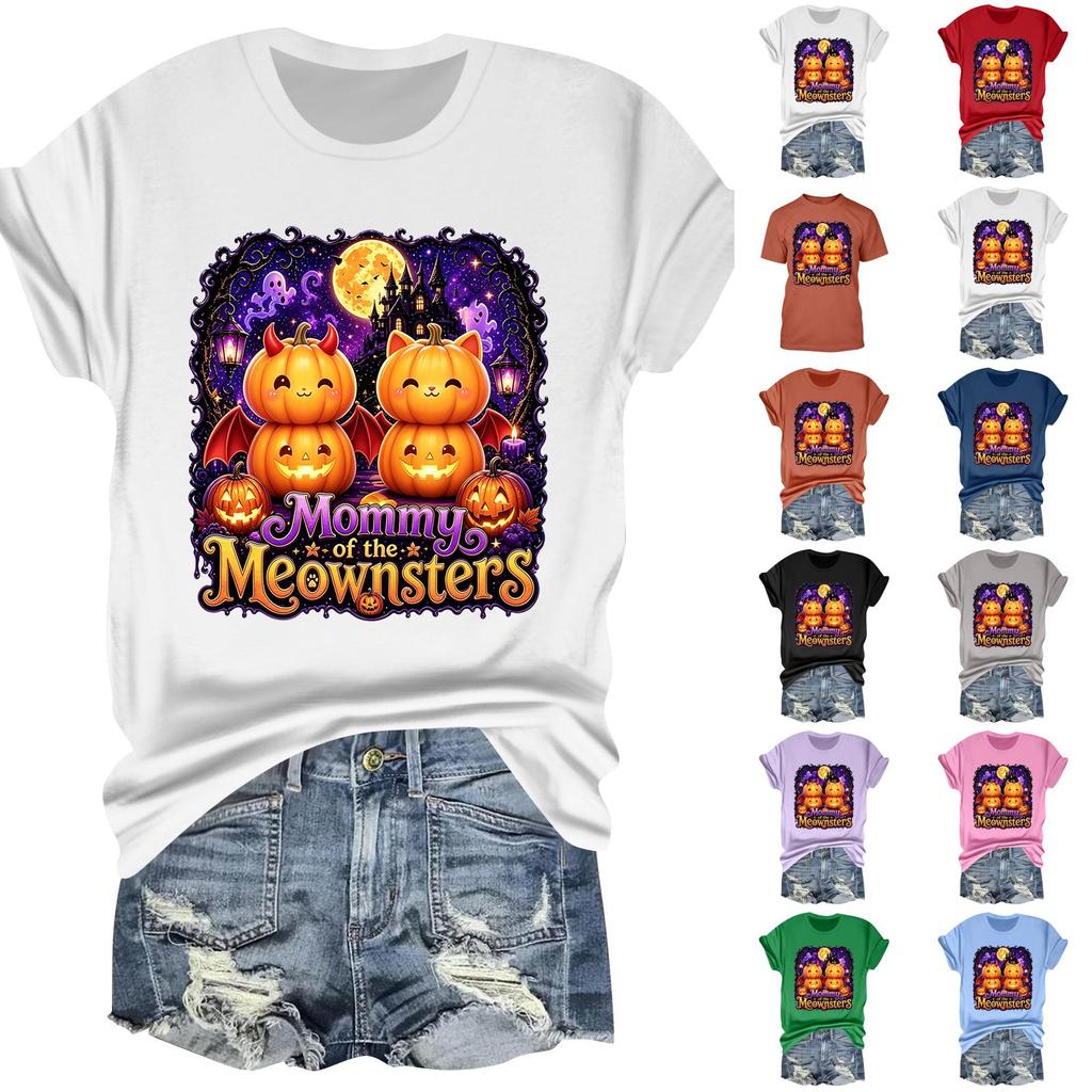 Women's Halloween Print Short Sleeve T-Shirt Casual Neck Tee Top