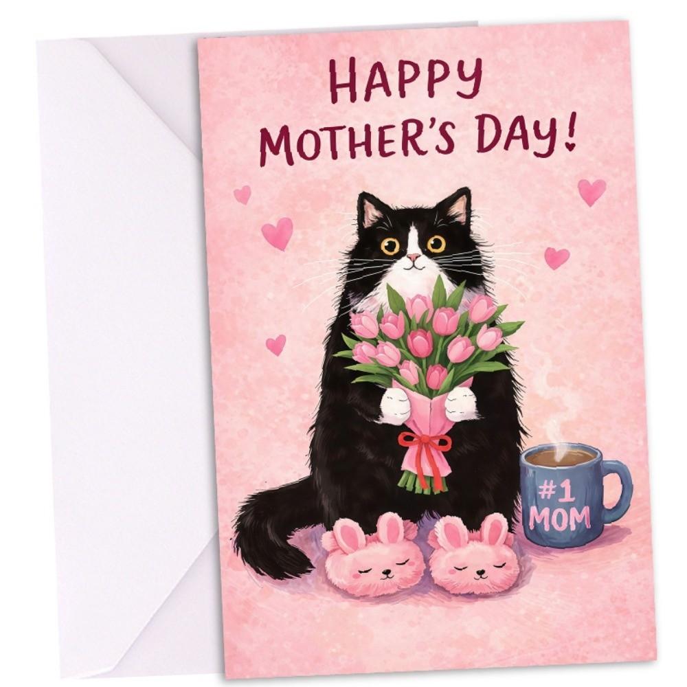 

Cats Holding Pink Tulips Mother s Day Greeting Card Whimsical Card Happy Mother s Day StyleD