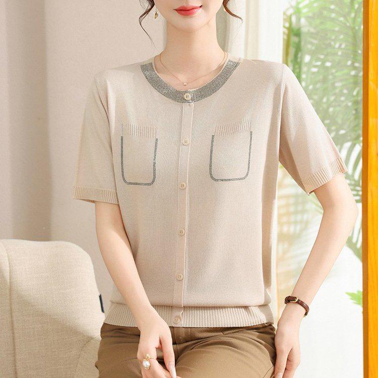 Elegant Ice Silk Short-Sleeve Knitted Top for Middle-Aged Women