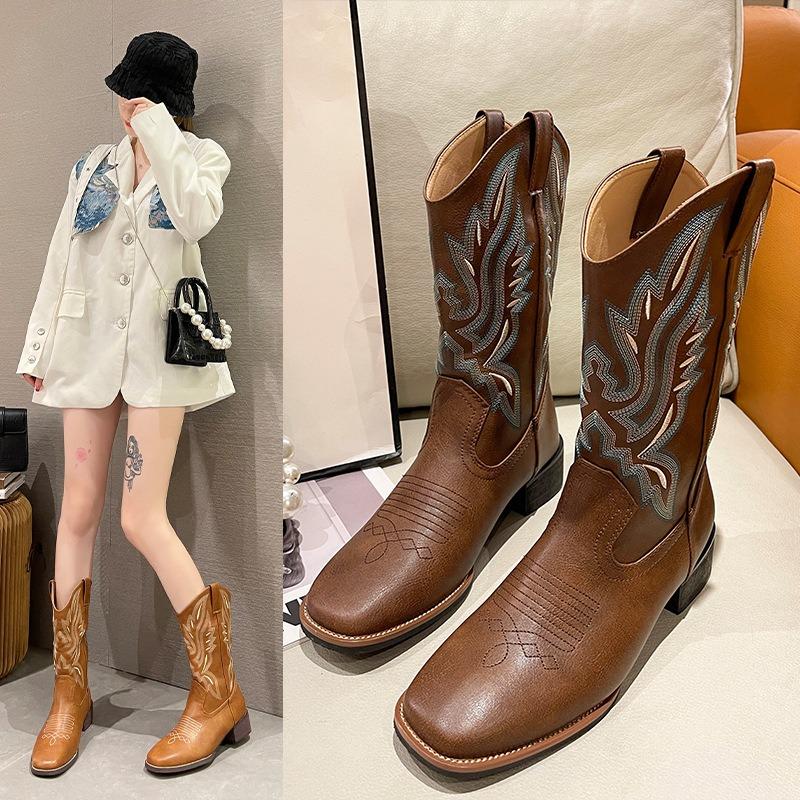 Autumn and winter thick heel versatile western cowboy boots embroidered sleeve knight boots retro medium tube square boots