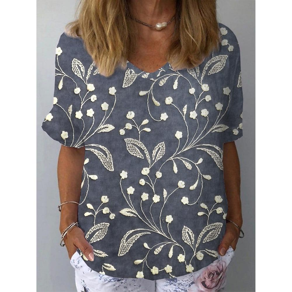 Women's Trendy T-Shirt Flower Graphics Fashion Short Sleeved V-Neck Regular Tops Daily Prints Tee 2025 Summer Y2K Casual Tops