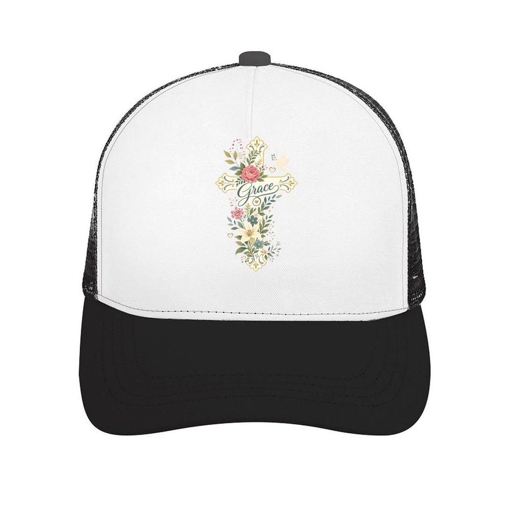 Grace Filled Floral Cross Blessing Mesh Baseball Cap Casual Hat Outdoor For Womens Unisex FeUnisex