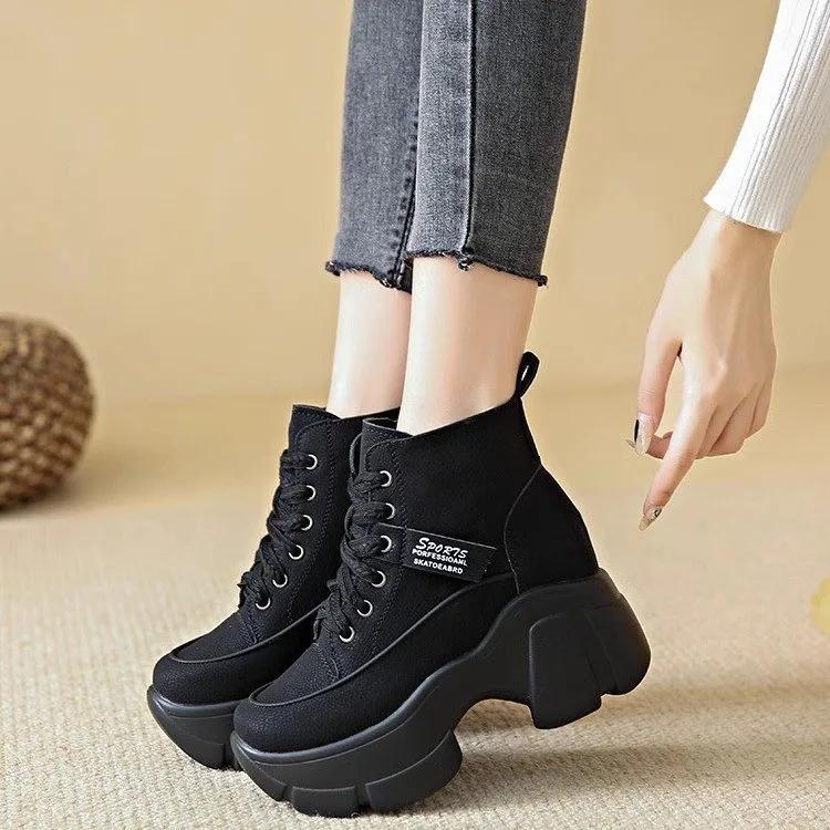 Spring Autumn Fashion Short Boots for Women Round Toe Lace-up Sports Platform Casual Shoes Wedge Heel Heightening Women Boots