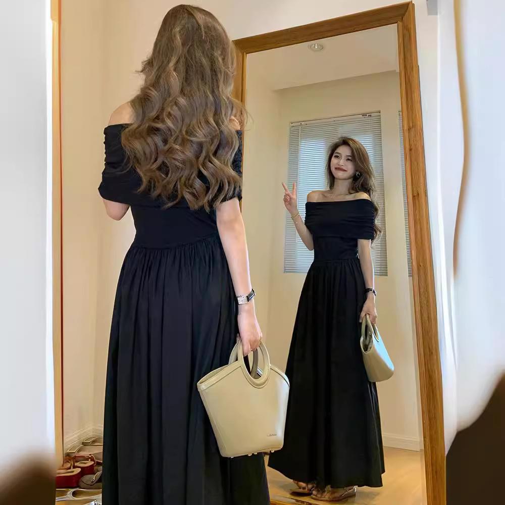 French Light and Sophisticated High-end Hepburn Style Temperament One-word Shoulder Black Dress Women's Summer Waist Gentle Long Skirt