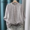 Korean Style Spring Summer Women Cotton Blouse Stand Collar White Gray Pink Print Baggy Shirt Vintage Casual Loose Ladies' Blouse