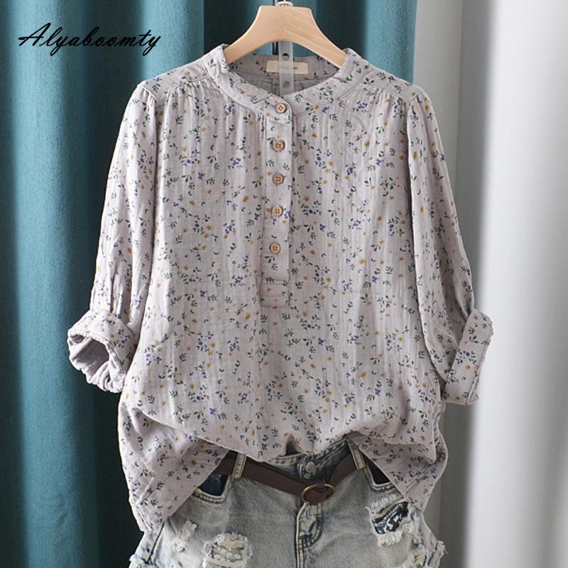 Korean Style Spring Summer Women Cotton Blouse Stand Collar White Gray Pink Print Baggy Shirt Vintage Casual Loose Ladies' Blouse