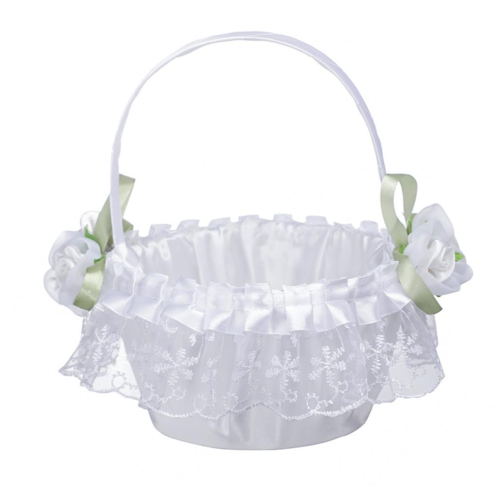 Flower Girl Basket Romantic Wedding Flower Basket with Foldable Handle for Party Decoration White